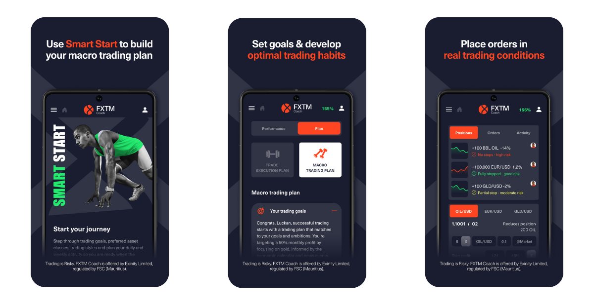 3 phone screens showing the FXTM Coach app