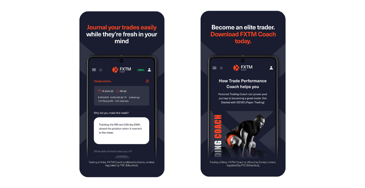 3 phone screens showing the FXTM Coach app